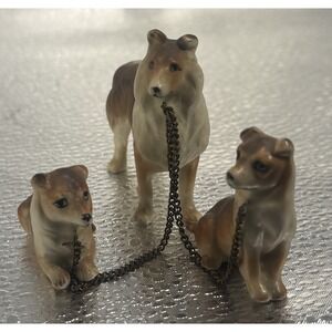 Vintage Collie Lassie Dog Mom With Puppy No Chain Set 3 Porcelain Figurine Japan